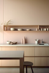 Fototapeta na wymiar Clean lines and a palette of soft pastels creating a harmonious and inviting atmosphere in a modern kitchen.