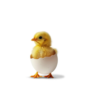 Chick in eggshell with hand-drawn Easter eggs and bunny ears. Transparent background