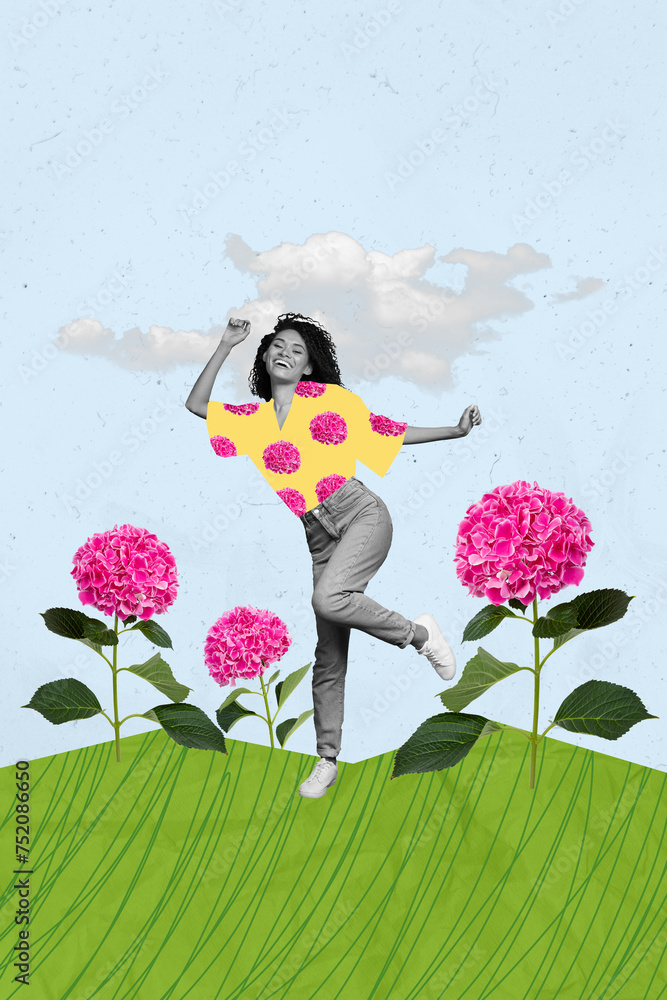 Sticker collage artwork picture of funky carefree lady dancing enjoying flowers growing isolated creative ba