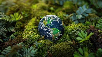Earth represented by a lush green mosscovered globe