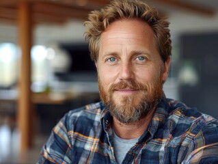 Detailed view of individual in plaid shirt