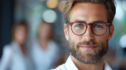 Bearded man wearing glasses looking directly at the camera
