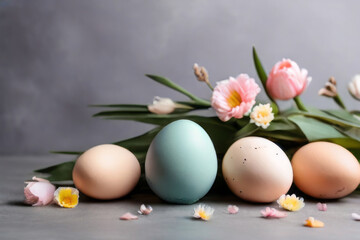 Naklejka na ściany i meble Colorful Easter eggs and blooming flowers on light gray background.