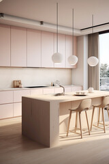 Clean lines and a palette of soft pastels creating a harmonious and inviting atmosphere in a modern kitchen.