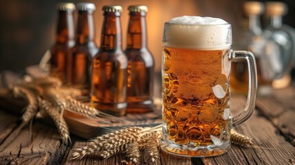 Glass of beer standing next to several bottles of beer on a table