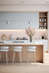 Clean lines and a palette of soft pastels creating a harmonious and inviting atmosphere in a modern kitchen.