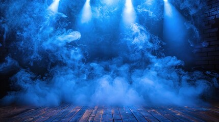 Stage illuminated by spotlights with blue smoke in the background