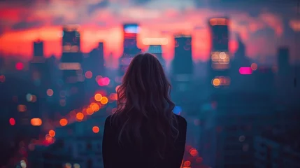 Foto op Canvas A woman stands on a high vantage point, looking out over a city brightly illuminated by night lights © Viktor