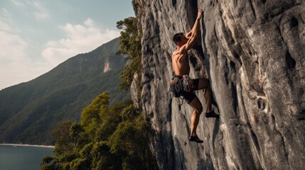 A muscular Athletic Man, a climber descends from a cliff with a safety net against the background of Forest Mountains, the sea. Extreme outdoor sports, Active concepts. Horizontal banner, Copy space.