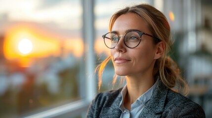 A woman with glasses gazes out of a window