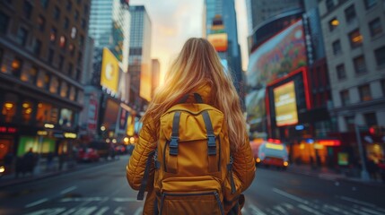 A woman with a yellow backpack is walking down a city street