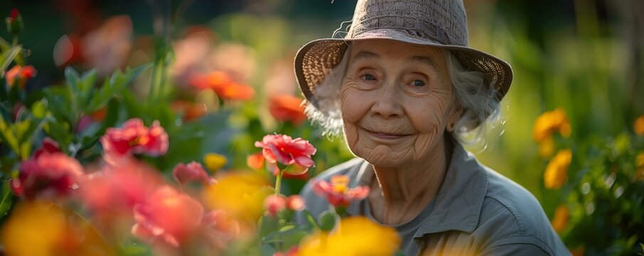 Senior woman finding joy and solace in therapeutic gardening and tending to her vibrant garden. Concept Senior Care, Therapeutic Gardening, Joyful Activities, Nature Therapy, Vibrant Garden