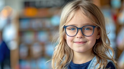 Young girl with glasses smiling at the camera