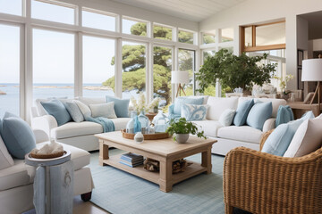 Coastal comfort in a living space adorned with aqua and navy hues, where driftwood-inspired decor and plush white furnishings create a modern retreat inspired by the essence of summer