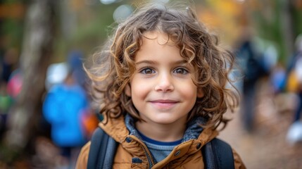 Fototapeta premium A young boy with curly hair carrying a backpack