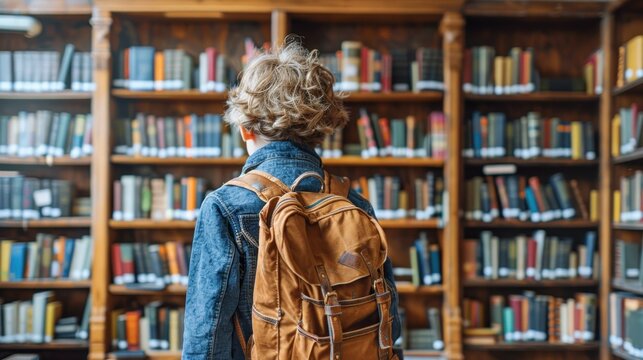 A person with a backpack is standing in front of a bookshelf