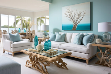 Coastal comfort in a living space adorned with aqua and navy hues, where driftwood-inspired decor...