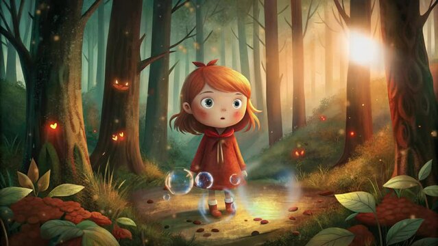 a little girl in a red dress who was confused in the middle of the forest