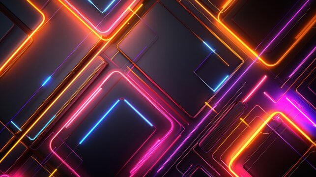 Colorful neon lights and geometric squares create a vibrant abstract background
