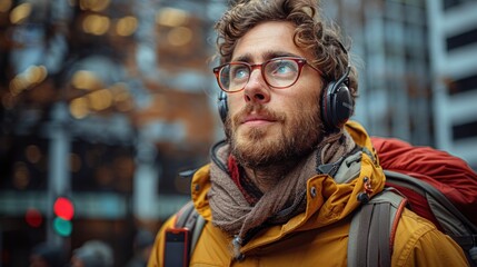 A man in a yellow jacket listening to music through headphones