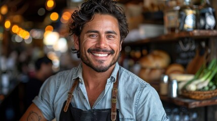 Fototapeta premium A man wearing an apron and sporting a beard smiles at the camera