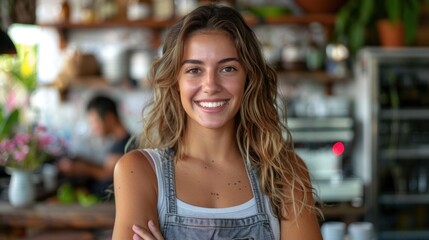 A woman is standing in a kitchen with her arms crossed