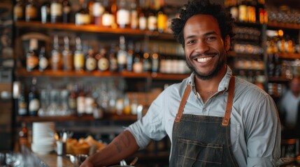A man wearing an apron stands confidently in front of a bar