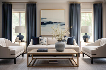 Fototapeta na wymiar Coastal elegance in a living room adorned with navy and coral accents, bathed in the soft glow of summer light streaming through sheer curtains and embracing modern comfort