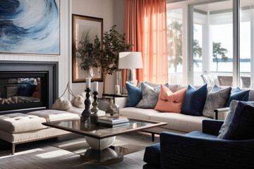 Coastal elegance in a living room adorned with navy and coral accents, bathed in the soft glow of summer light streaming through sheer curtains and embracing modern comfort