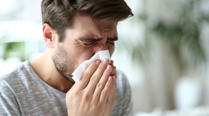 A man using a napkin to blow his nose - obrazy, fototapety, plakaty