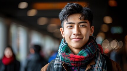 A young man wearing a plaid scarf and jacket
