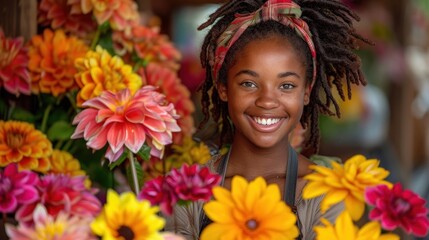 Naklejka premium A woman with dreadlocks standing in front of a bunch of flowers