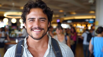 Bearded man in suspenders smiles at camera
