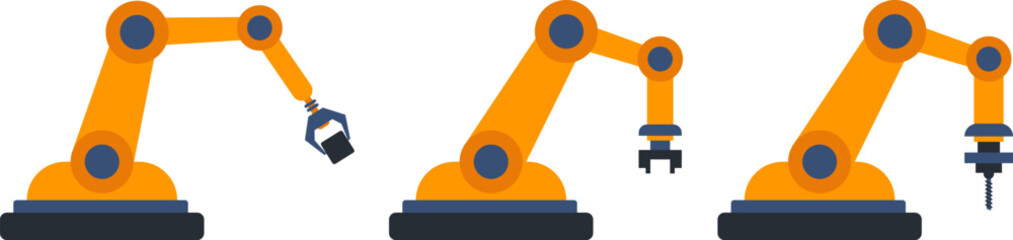 Mechanical robot arm machine icon. Manufacturing industry mechanical robot arm. Picker, picking robot, technology hydraulic robotic hand, vector illustration