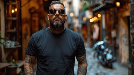 Fototapeta na wymiar A man with tattoos wearing a black shirt and sunglasses