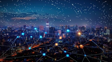 Glowing network nodes overlaying a cityscape at night