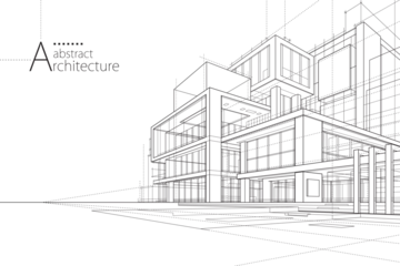 Fotobehang 3D illustration, abstract modern urban landscape line drawing, imaginative architecture building construction perspective design. © yewkeo