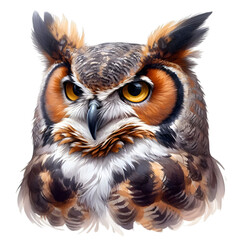 A close-up portrait of a great horned owl with large eyes and brown feathers