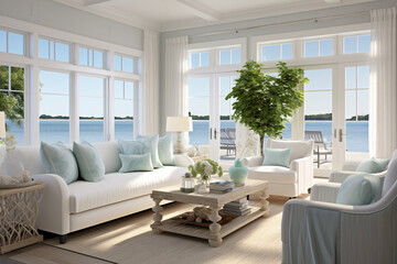 Coastal serenity indoors, with aqua throw pillows adorning plush white sofas, framed by navy...
