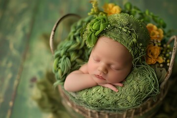 Front view of newborn baby sleeping with hands under his head Newborn baby care concept - obrazy, fototapety, plakaty