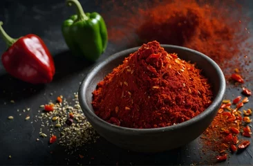 Fotobehang Fresh and dry chilli pepper. Chili powder in wooden bowl with raw pepper on dark background © Royalty-Free