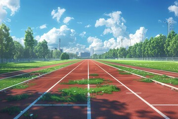 Illustrated background of a sports-themed track and field stadium with a view of the finish line.
