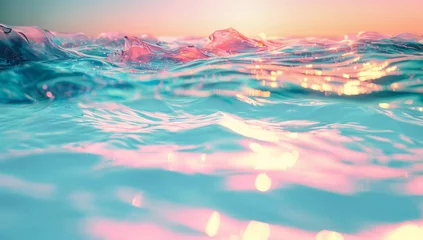 Fotobehang sunset above a blue sea with neon pink waves. Summer vibes concept © Miss V
