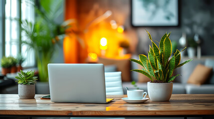 Laptop on wooden table in modern living room with green plant.