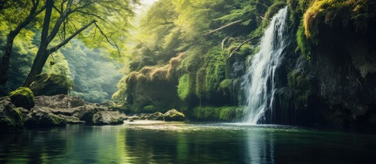 Fototapeta na wymiar Serene Cascade: Majestic Waterfall Amidst Lush Forest Greenery and Rocks