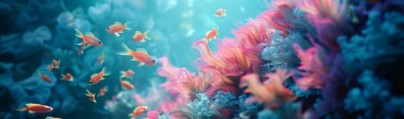 exotic fishes are swimming in blue sea water with pink corals. Summer vibes - obrazy, fototapety, plakaty