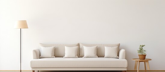 Cozy White Couch with Soft Pillows and Illuminated by a Stylish Lamp