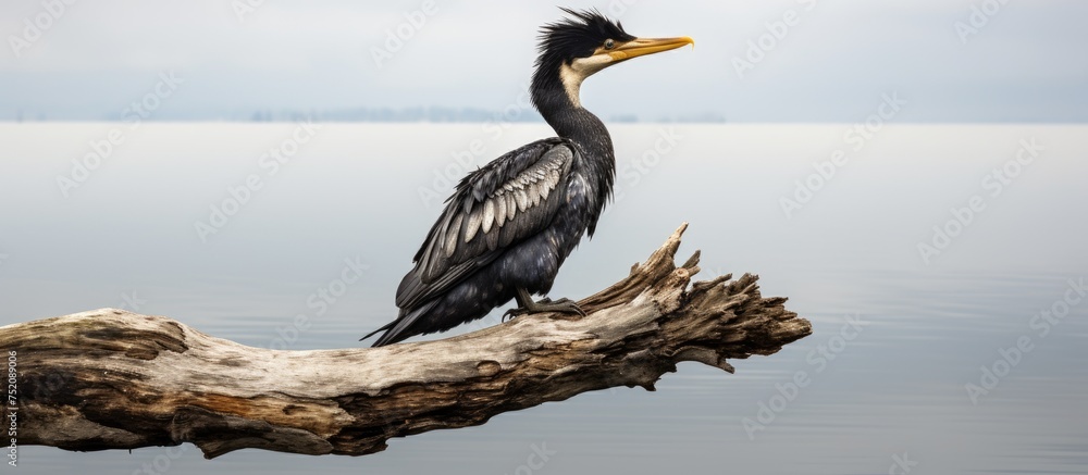 Poster majestic cormorant perched on a weathered tree log in a tranquil wetland habitat
