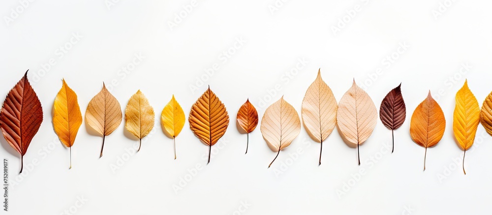 Poster Vibrant Array of Colorful Fall Leaves Creating a Seasonal Artistic Display on White Background