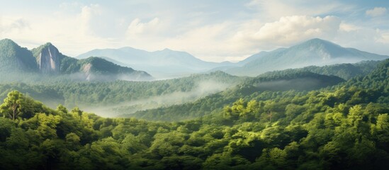 Serene Mountain Range with Sparse Trees Amidst Majestic Peaks and Verdant Forest